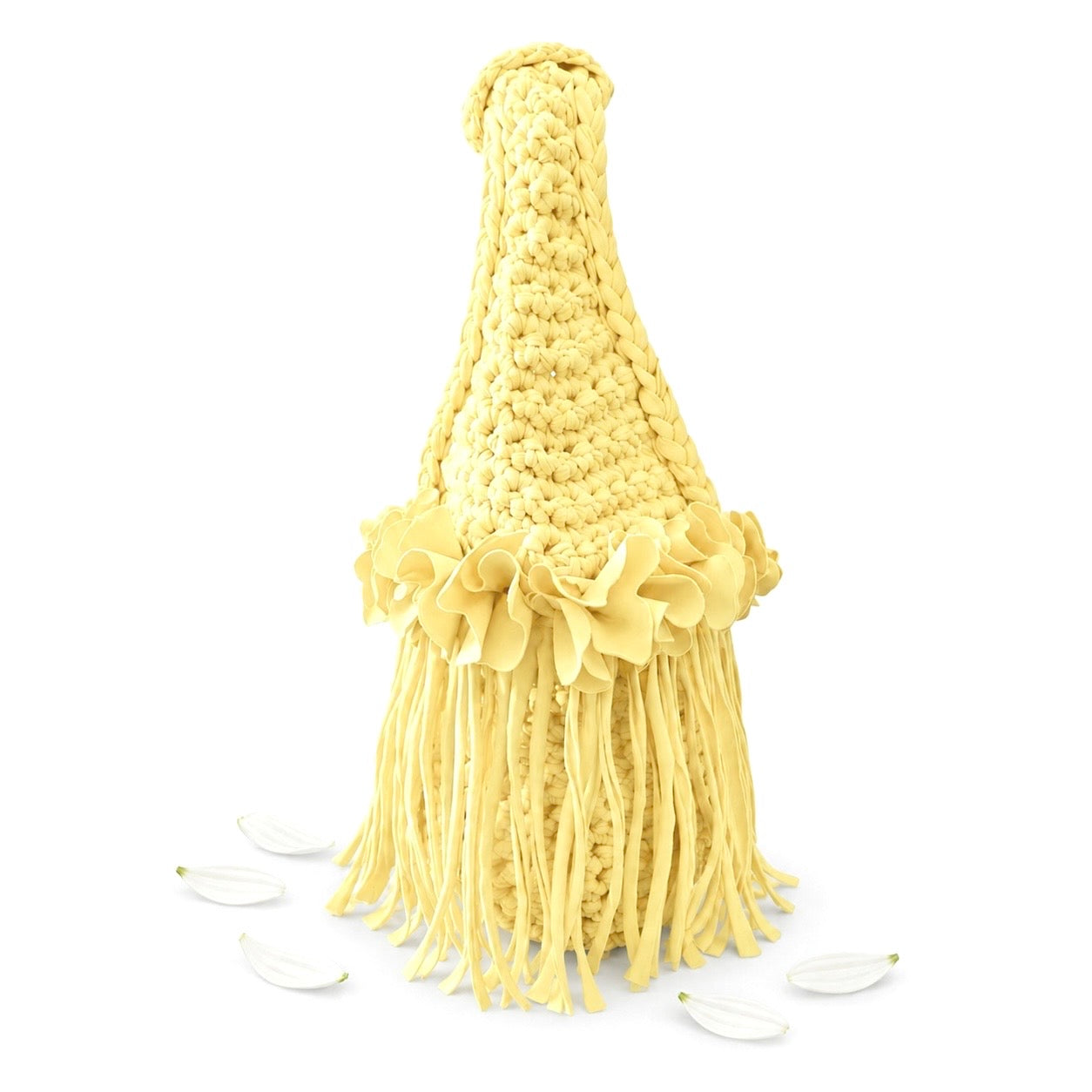 Crochet Daffodil light yellow flower fringe mini bag, handmade with stretch nylon/spandex. 