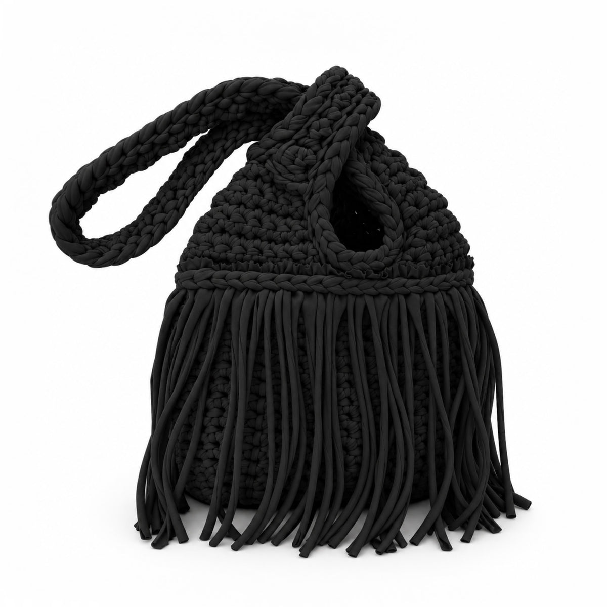Handmade crochet mini swing bag in Onyx black with flowing fringe and a loop-through wristlet handle.
