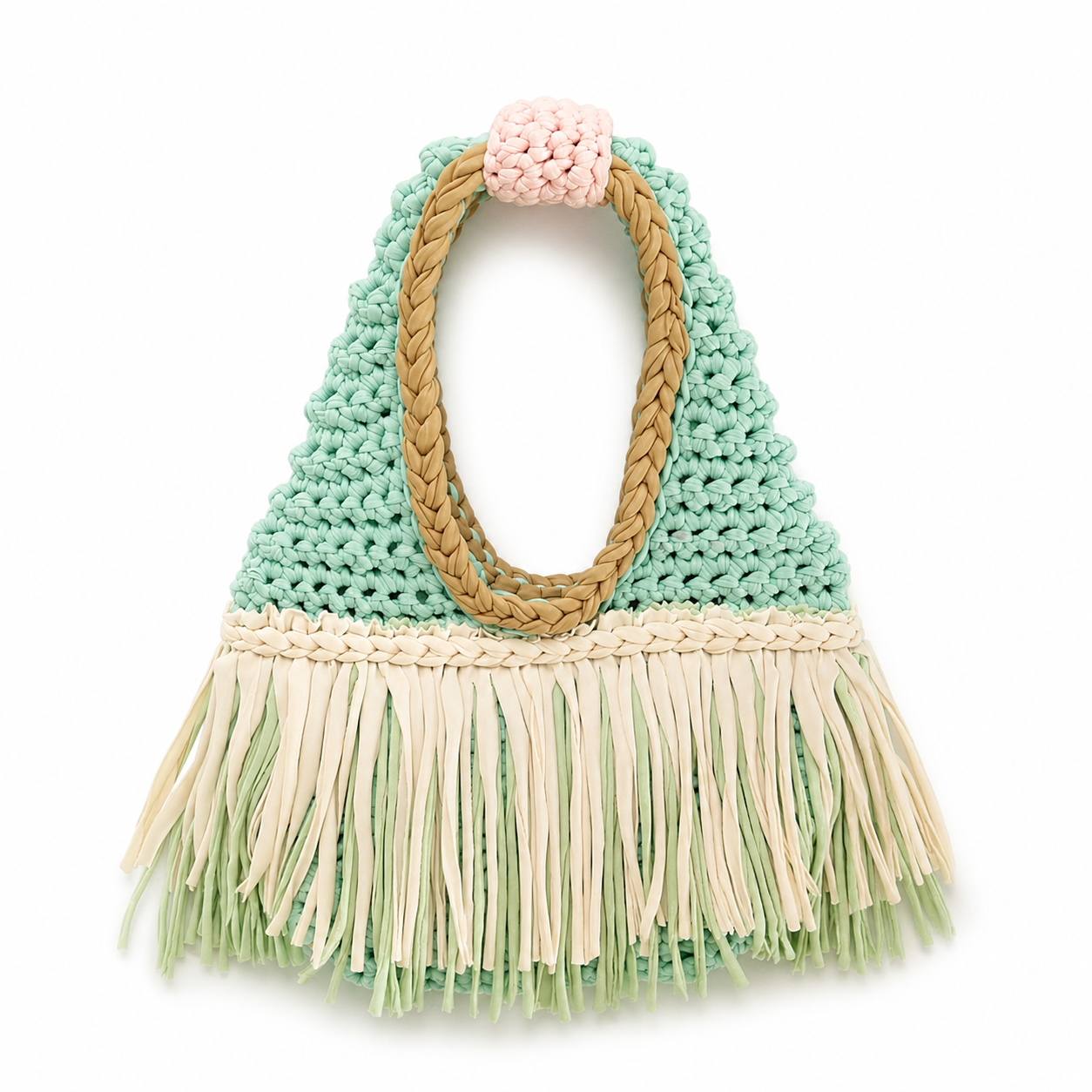 Handmade lagoon blue green crochet fringe mini bag