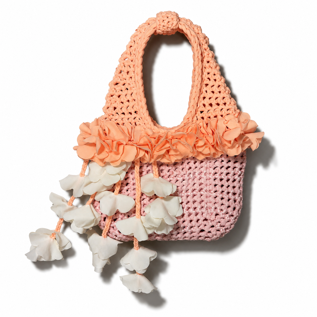 Handmade petal pink and poppy orange crochet floral mini bag with magnolia cream cascading petal bells. 