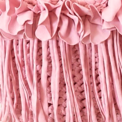 Crochet Petal pink flower fringe mini bag, handmade with stretch nylon/spandex. 