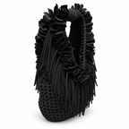 Onyx black hand-crocheted Flower Lei Mini bag with cascading floral ruffles and fringe, featuring a braided handle and sculptural mini silhouette.