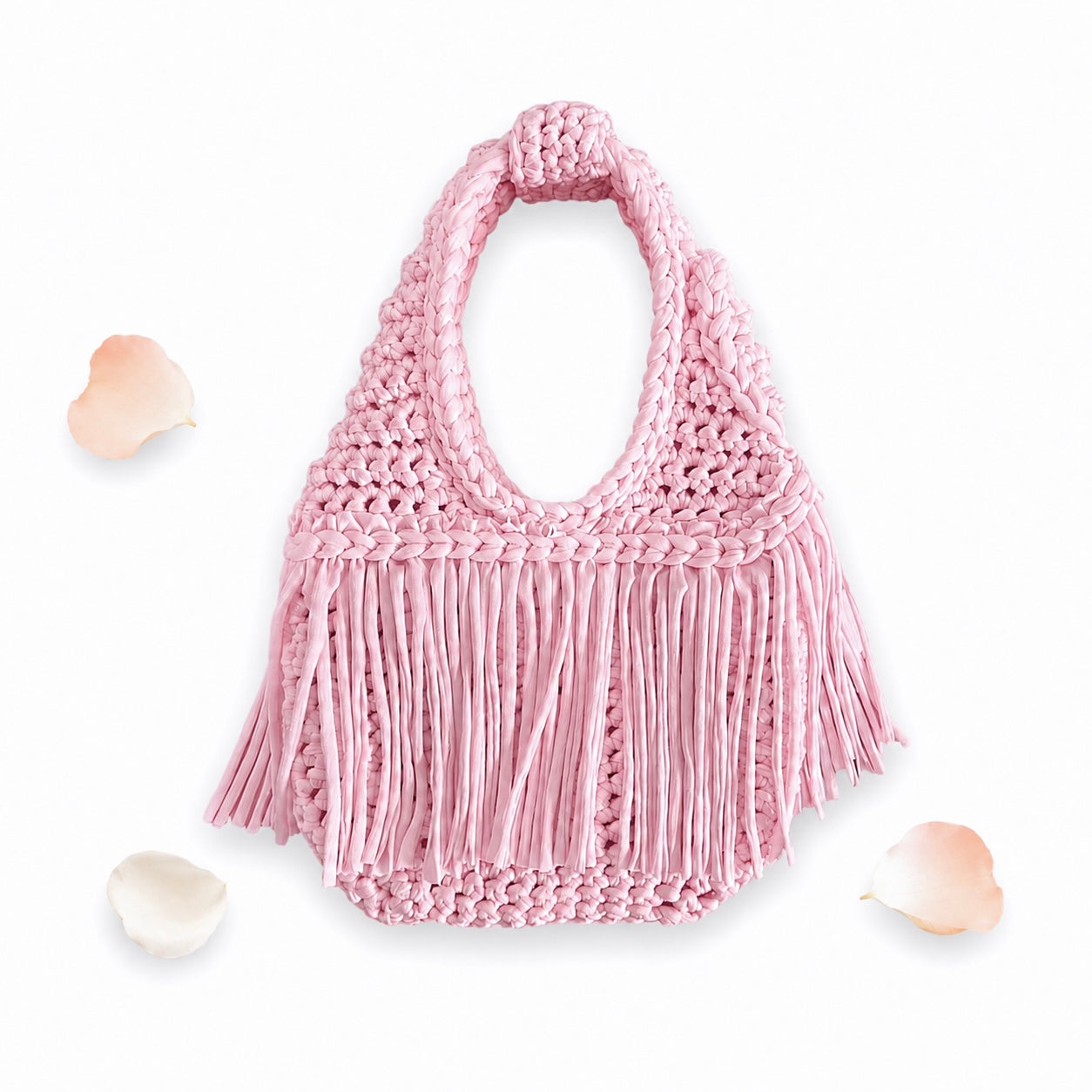 Handmade Petal pink crochet fringe mini bag made with stretch nylon/spandex. 