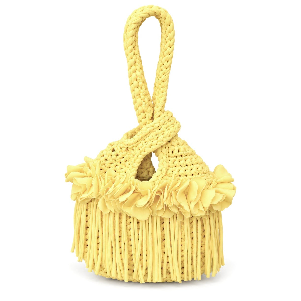 Handmade crochet mini swing bag in Daffodil light yellow with flower fringe and a loop-through wristlet handle.
