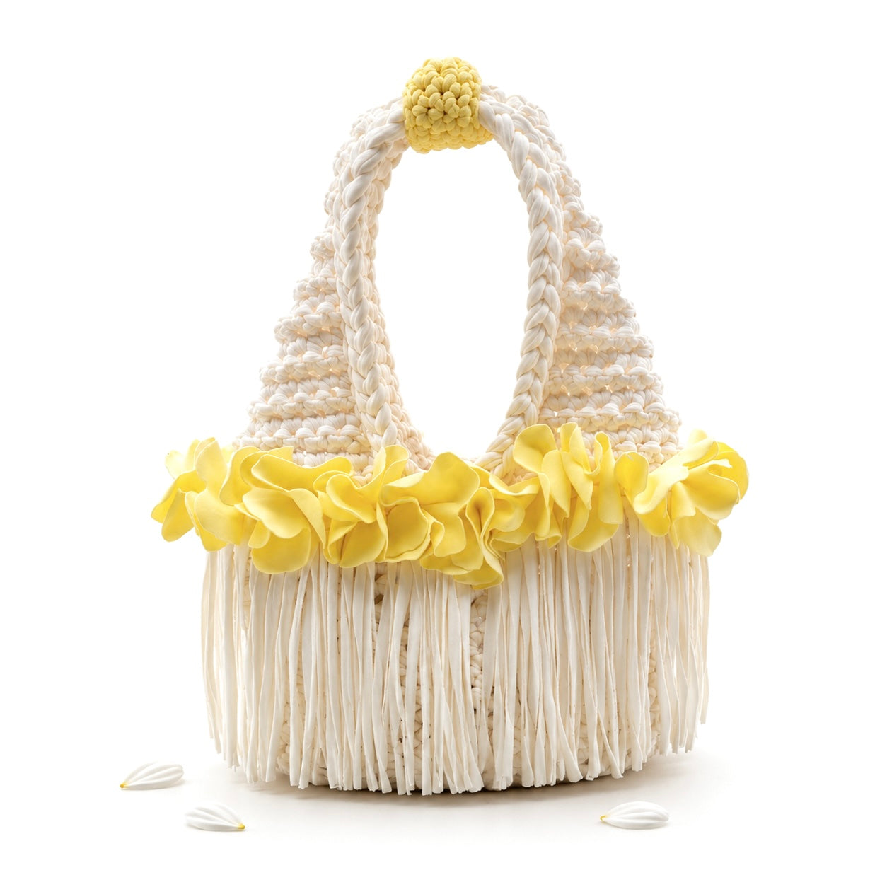 Handmade honeysuckle yellow cream crochet flower fringe mini bag