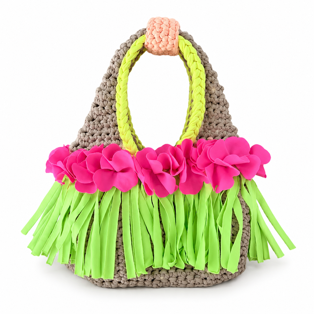 Handmade neon bloom tan crochet flower fringe mini clutch bag