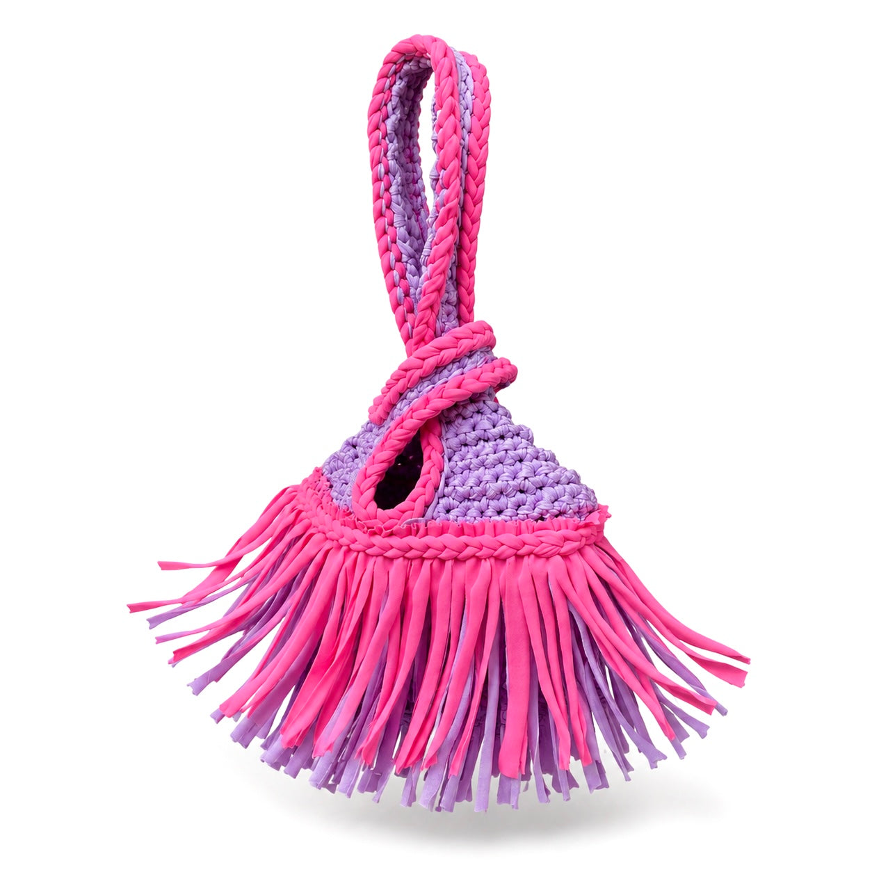 Handmade crochet mini swing bag in Hibiscus pink and Lilac purple with two-tone fringe and a loop-through wristlet handle.