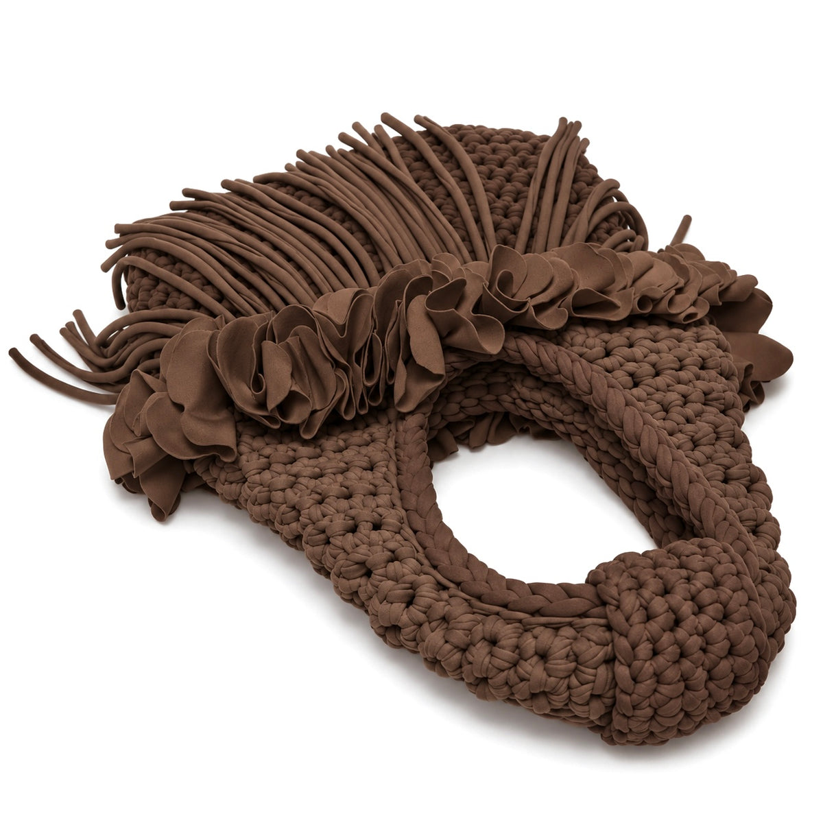 Handmade Coconut Shell dark brown crochet mini bag with sculptural floral trim, flowing fringe and a braided handle.