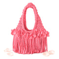 Crochet Hibiscus coral flower fringe mini bag, handmade with stretch nylon/spandex. 