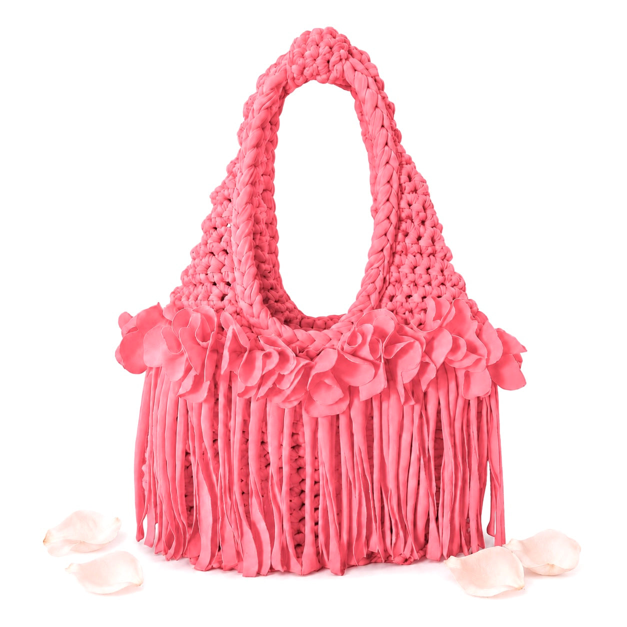 Crochet Hibiscus coral flower fringe mini bag, handmade with stretch nylon/spandex. 