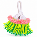 Handmade Gardenia white crochet mini swing bag with Petal pink flowers and neon yellow and green fringe with a loop-through wristlet handle.