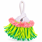 Handmade Gardenia white crochet mini swing bag with Petal pink flowers and neon yellow and green fringe with a loop-through wristlet handle.