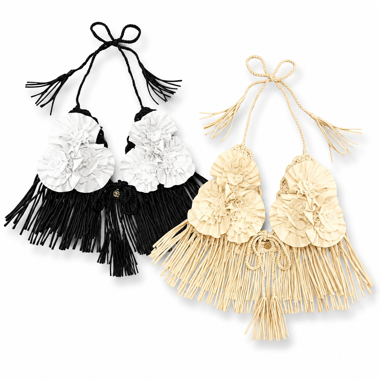 Black, white and cream floral rosette triangle tie halter tops with hand-crocheted details and fringe trim. 