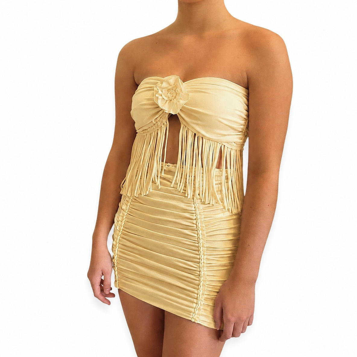 Reversible handmade daffodil light yellow fringe rose bandeau top and mini skirt matching set