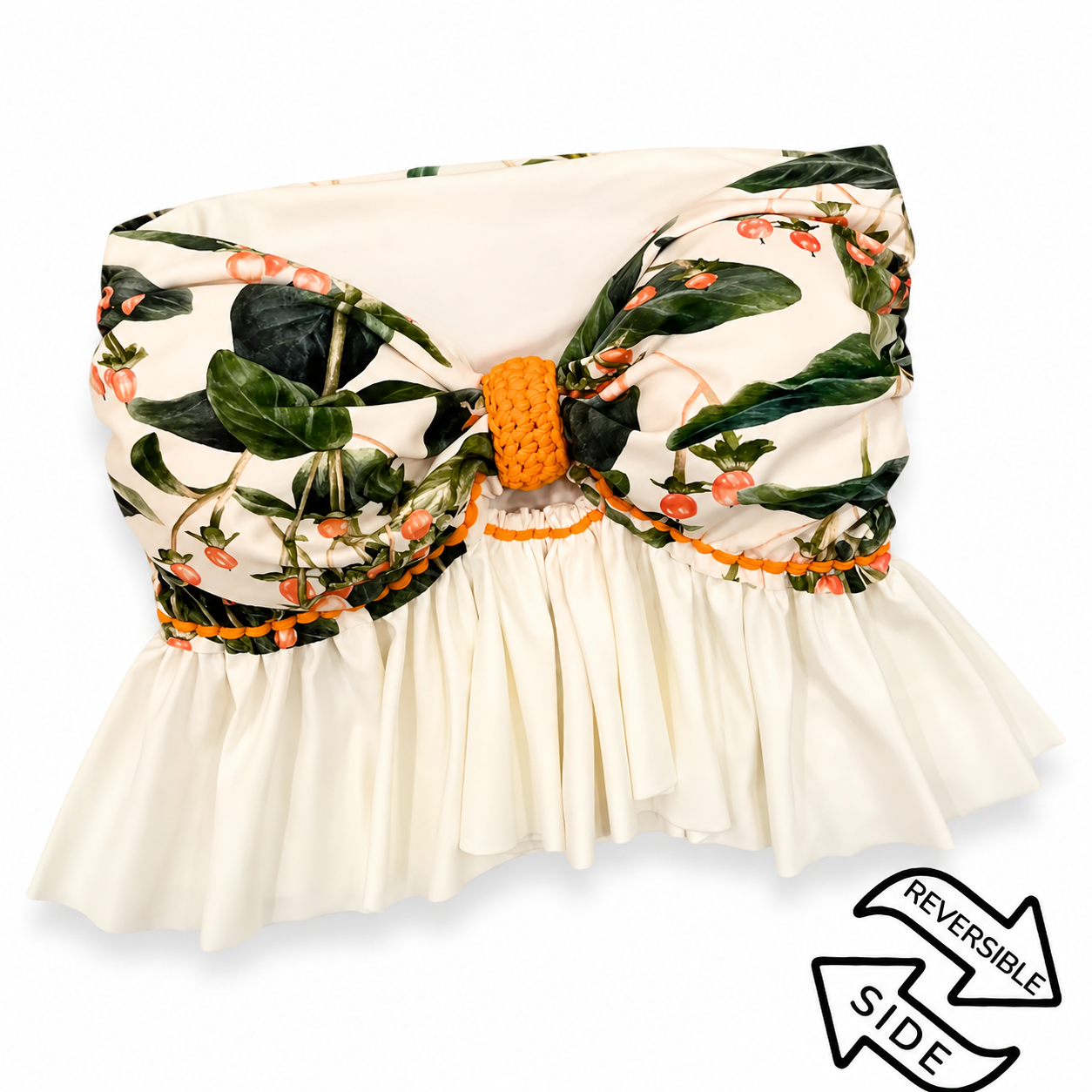 Reversible handmade white botanical print ruffle bow crochet tube top