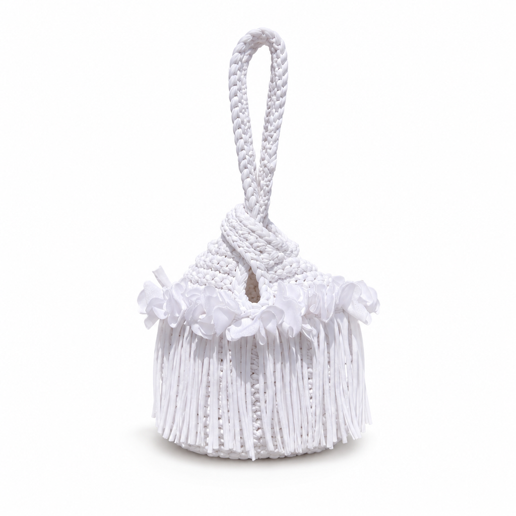 Handmade gardenia white crochet flower fringe mini swing bag