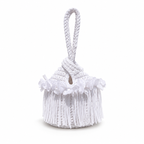 Handmade crochet mini swing bag in Gardenia white with flower fringe and a loop-through wristlet handle.