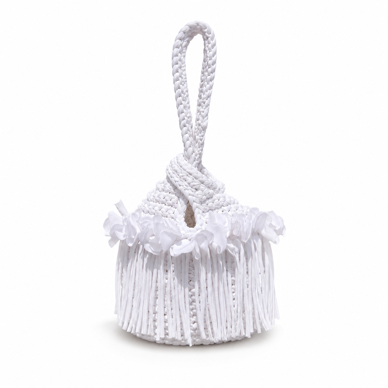 Handmade gardenia white crochet flower fringe mini swing bag