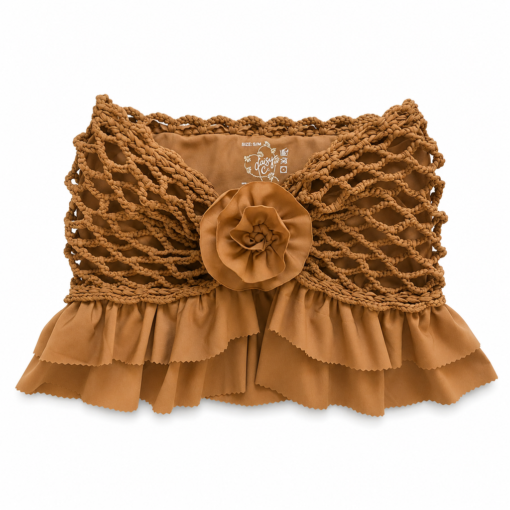 Handmade crochet rosette hazelnut brown tan strapless floral ruffle tube top
