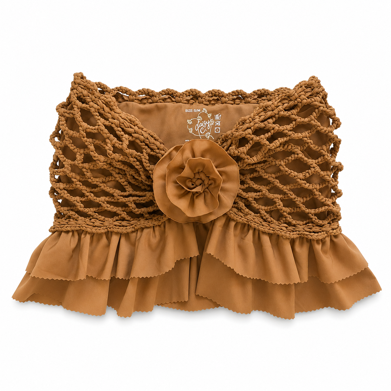 Handmade crochet rosette hazelnut brown tan strapless floral ruffle tube top