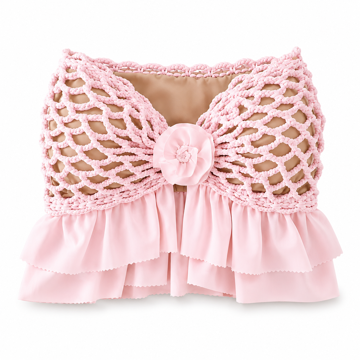 Handmade crochet rosette petal pink strapless floral ruffle tube top