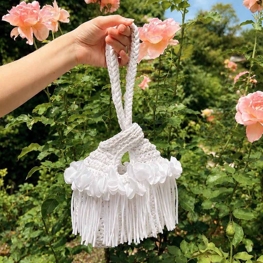 Crochet Gardenia white flower fringe mini swing bag, handmade with stretch nylon/spandex. 