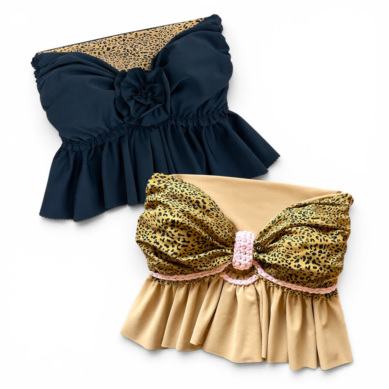 Reversible handmade leopard print ruffle bow crochet tube top 