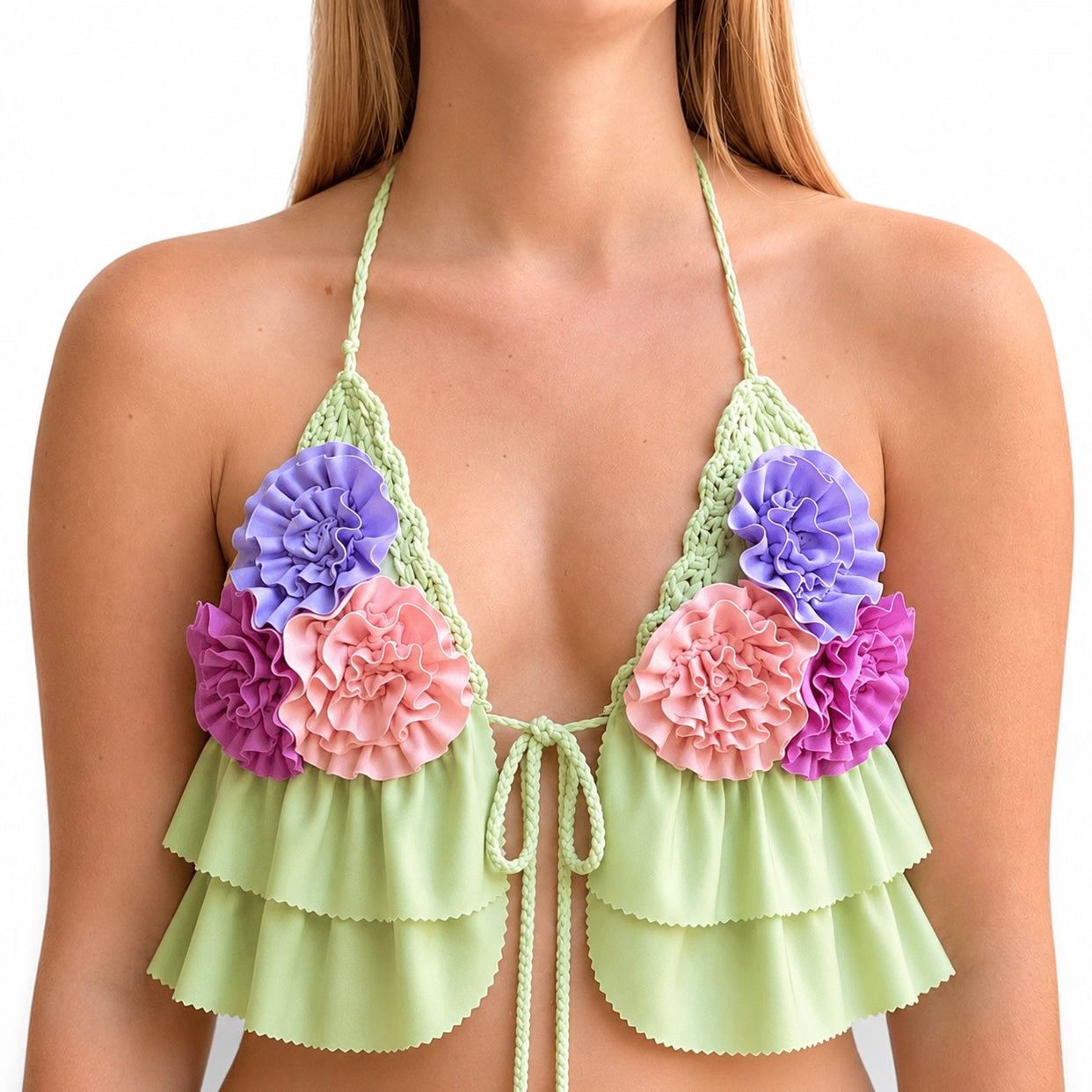 Light green floral rosette triangle tie halter top with hand-crocheted details and layered ruffles. 