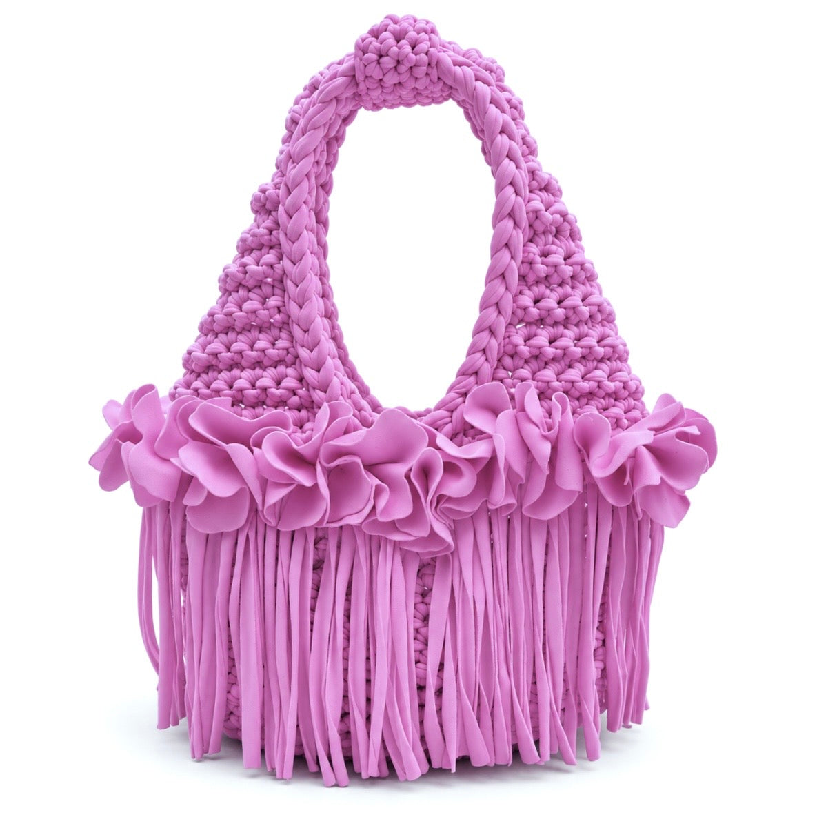 Handmade Orchid pink purple crochet mini bag with sculptural floral trim, flowing fringe and a braided handle.