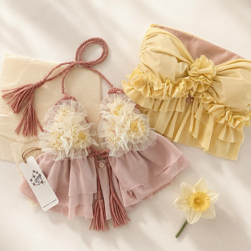 Handmade crochet floral triangle halter top & strapless ruffle tube top