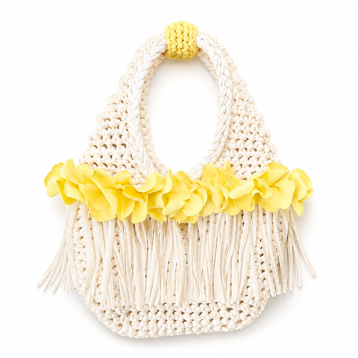 Handmade honeysuckle yellow cream crochet flower fringe mini bag
