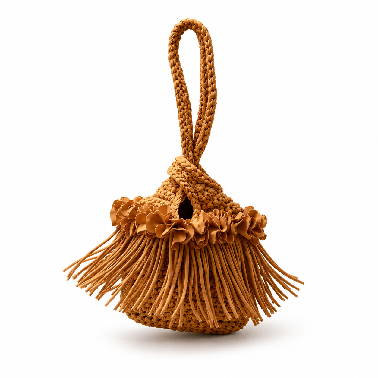 Handmade hazelnut brown crochet flower fringe mini swing bag