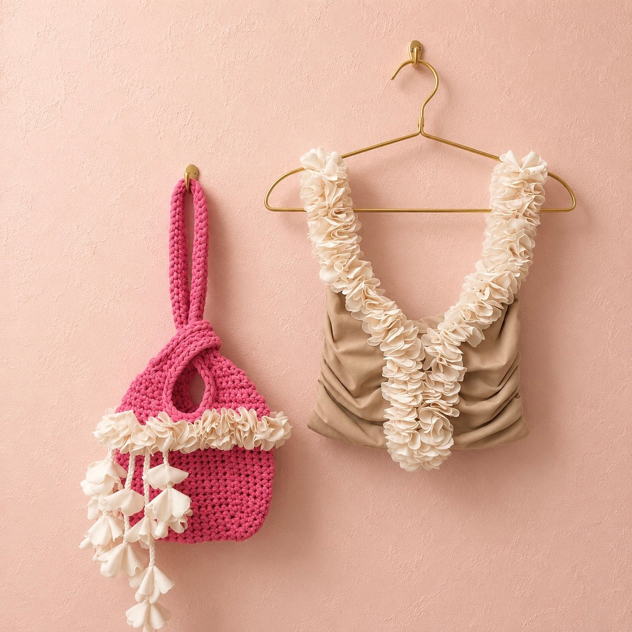 Handmade hibiscus hot pink and magnolia cream crochet petal bell floral mini bag with flower lei crop top 