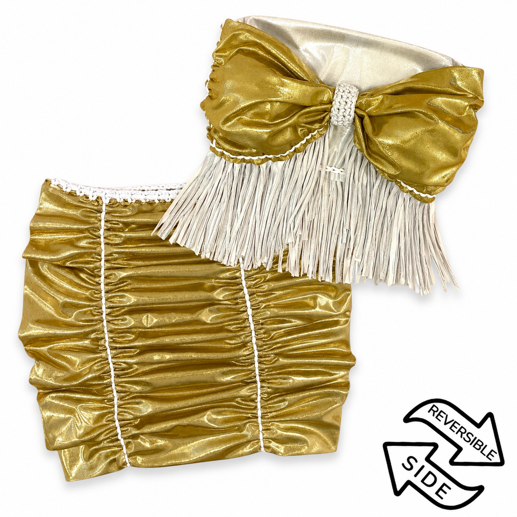 Reversible handmade metallic gold fringe bow tube top and mini skirt set