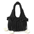 Crochet Onyx black flower fringe mini bag, handmade with stretch nylon/spandex. 