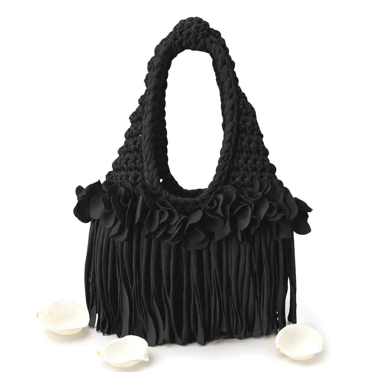 Crochet Onyx black flower fringe mini bag, handmade with stretch nylon/spandex. 