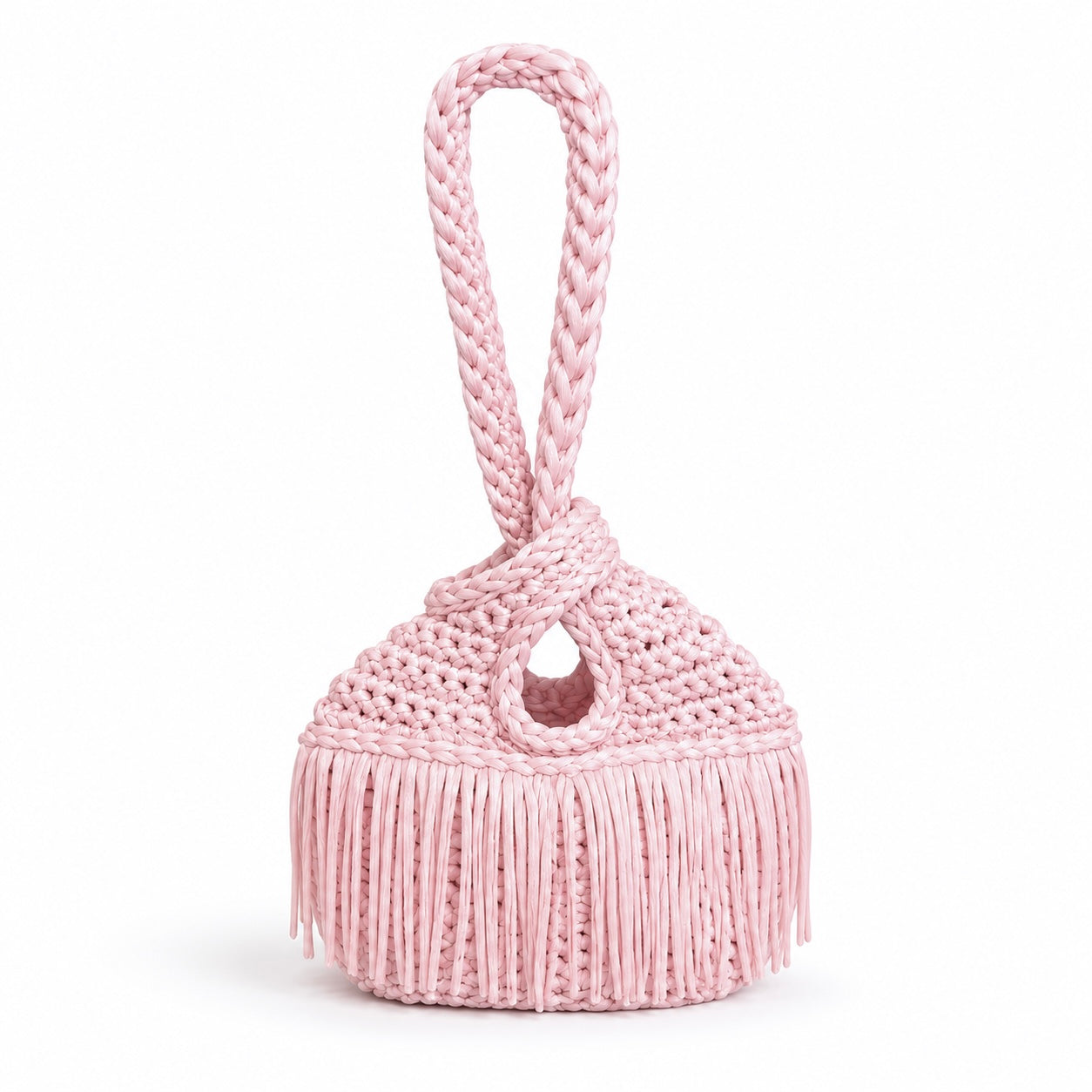 Crochet Petal pink fringe mini swing bag, handmade with stretch nylon/spandex. 