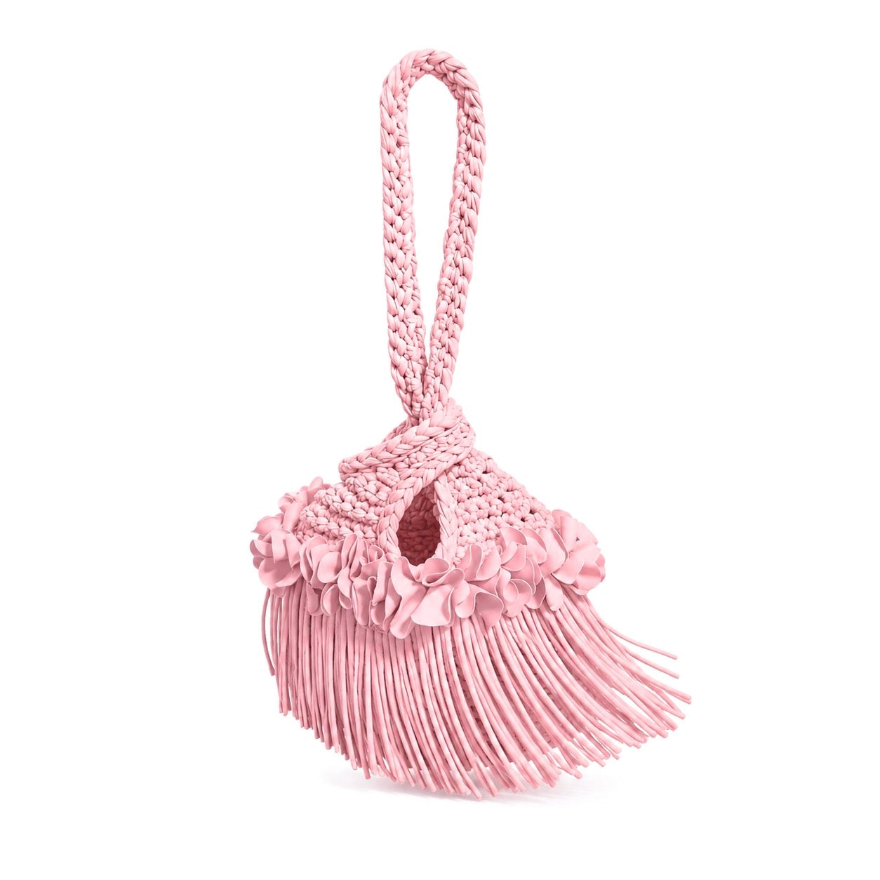 Handmade petal pink crochet flower fringe mini swing bag