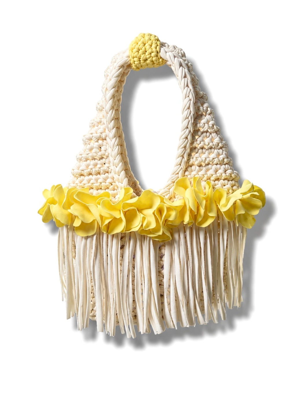 Handmade honeysuckle yellow cream crochet flower fringe mini bag  