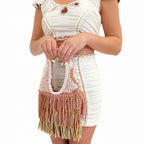 Handmade canyon rose neutral crochet double fringe tote swing bag