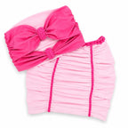 Hot pink and light pink Reversible Double Bow Two Piece Set with ruched bandeau top and matching mini skirt.