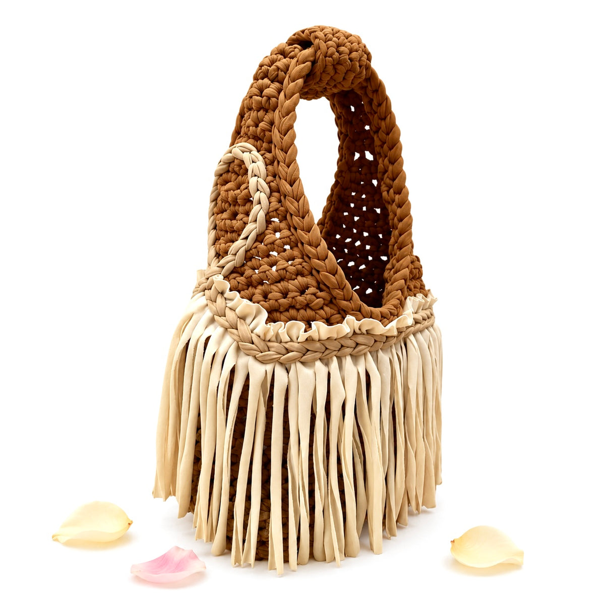 Hand crocheted Fringe Mini bag in rich saddle brown with cream braided trim and long flowing western style fringe. 