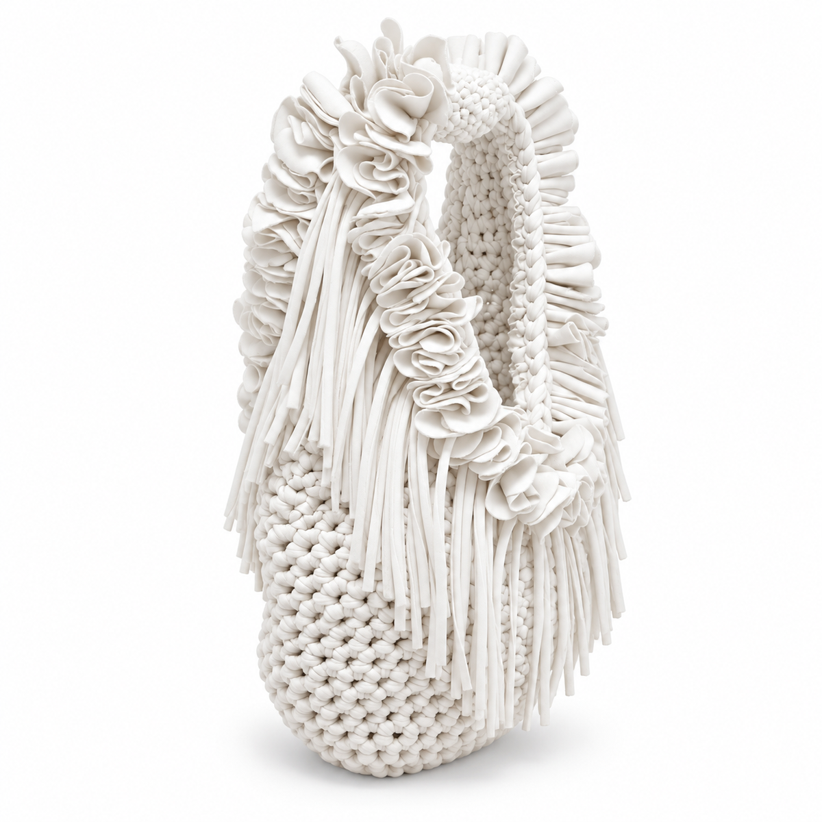 Gardenia white hand-crocheted Flower Lei Mini bag with cascading floral ruffles and fringe, featuring a braided handle and sculptural mini silhouette.