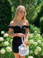 Handmade onyx black flower lei off-the-shoulder top and mini skirt matching set
