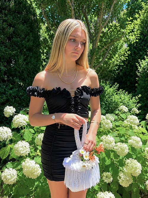 Handmade onyx black flower lei off-the-shoulder top and mini skirt matching set