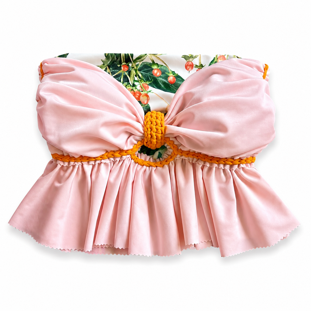 Reversible handmade pink botanical print ruffle bow crochet tube top