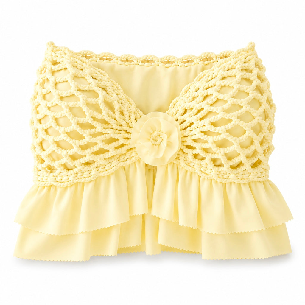 Handmade crochet rosette daffodil yellow strapless floral ruffle tube top