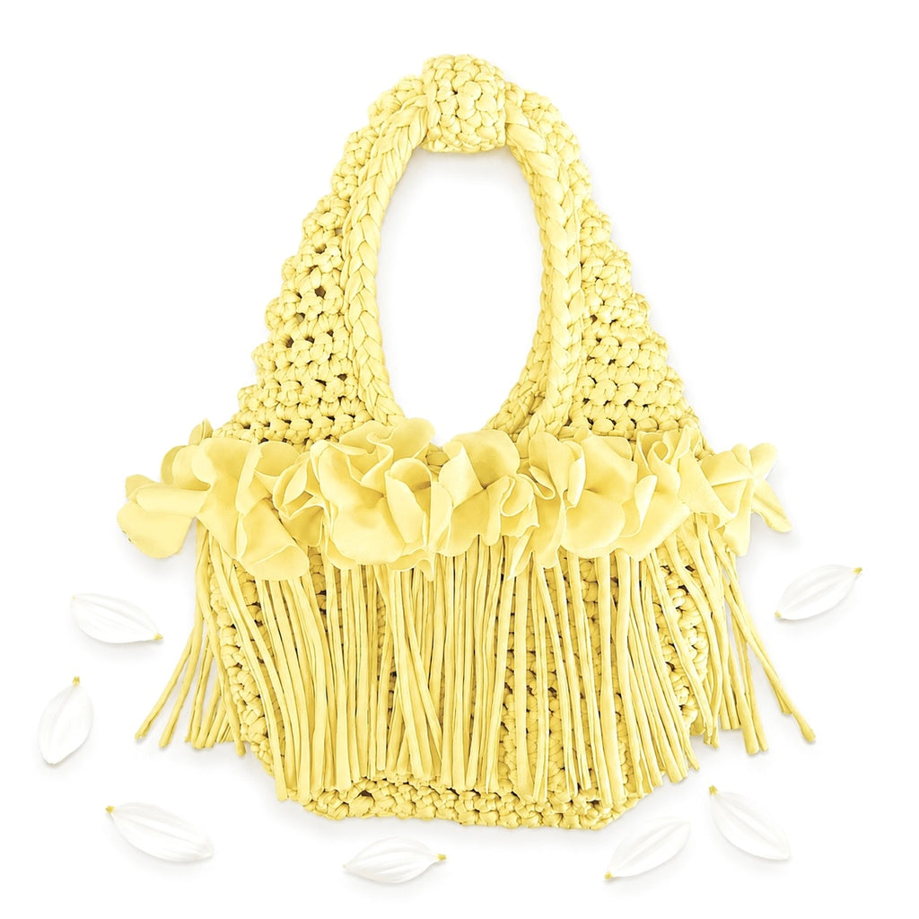 Crochet Daffodil light yellow flower fringe mini bag, handmade with stretch nylon/spandex. 