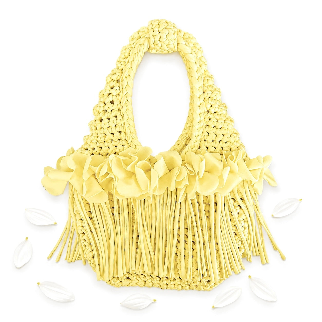 Crochet Daffodil light yellow flower fringe mini bag, handmade with stretch nylon/spandex. 