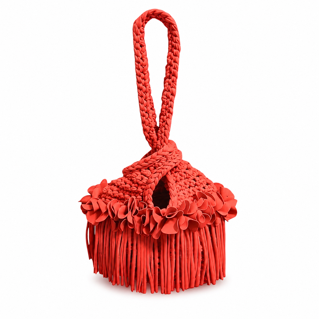 Crochet Tulip red flower fringe mini swing bag, handmade with stretch nylon/spandex. 
